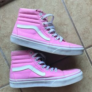 Pink and white high top Vans. Size 7 men or youth, size 8.5 woman’s.